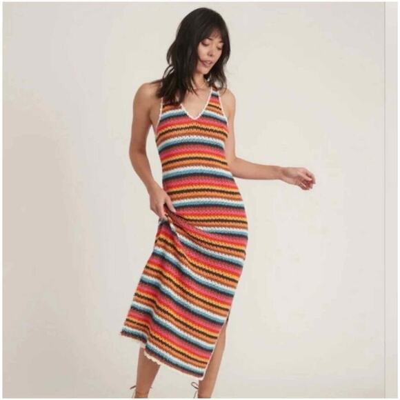 Marine Layer Viv Crochet Multi Stripe Casual Beach Midi Dress Boho Medium - Picture 1 of 13